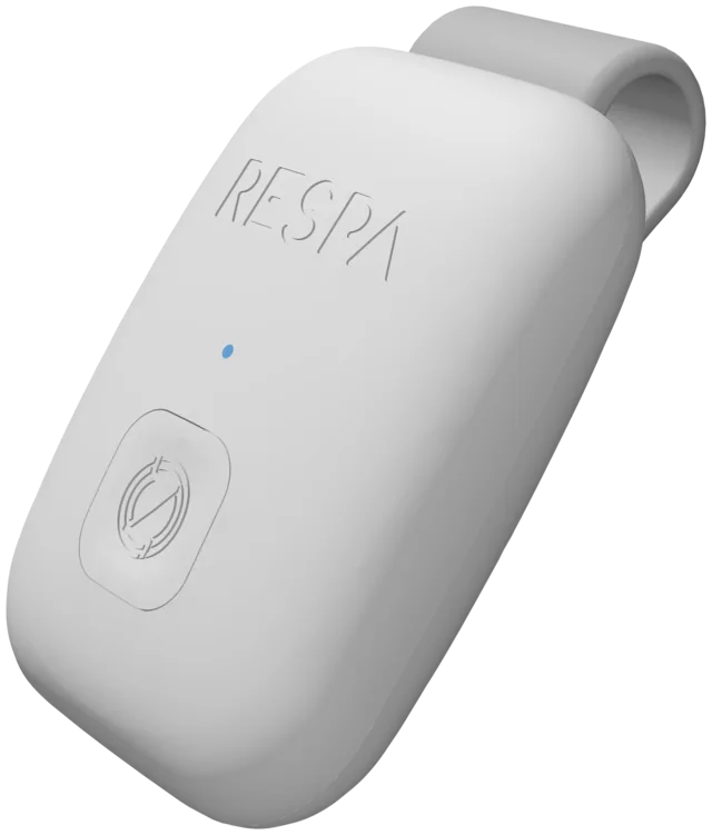 The Respa sensor: a small white clip-on with one button.